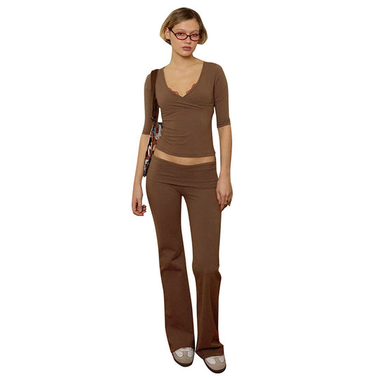 Damen lässiges Set aus elegantem Oberteil und fließenden Schlaghosen EB