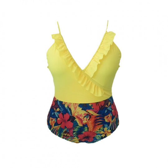 Damen Einteiliger Badeanzug mit floralem Wickeldetail und Rüschen EB