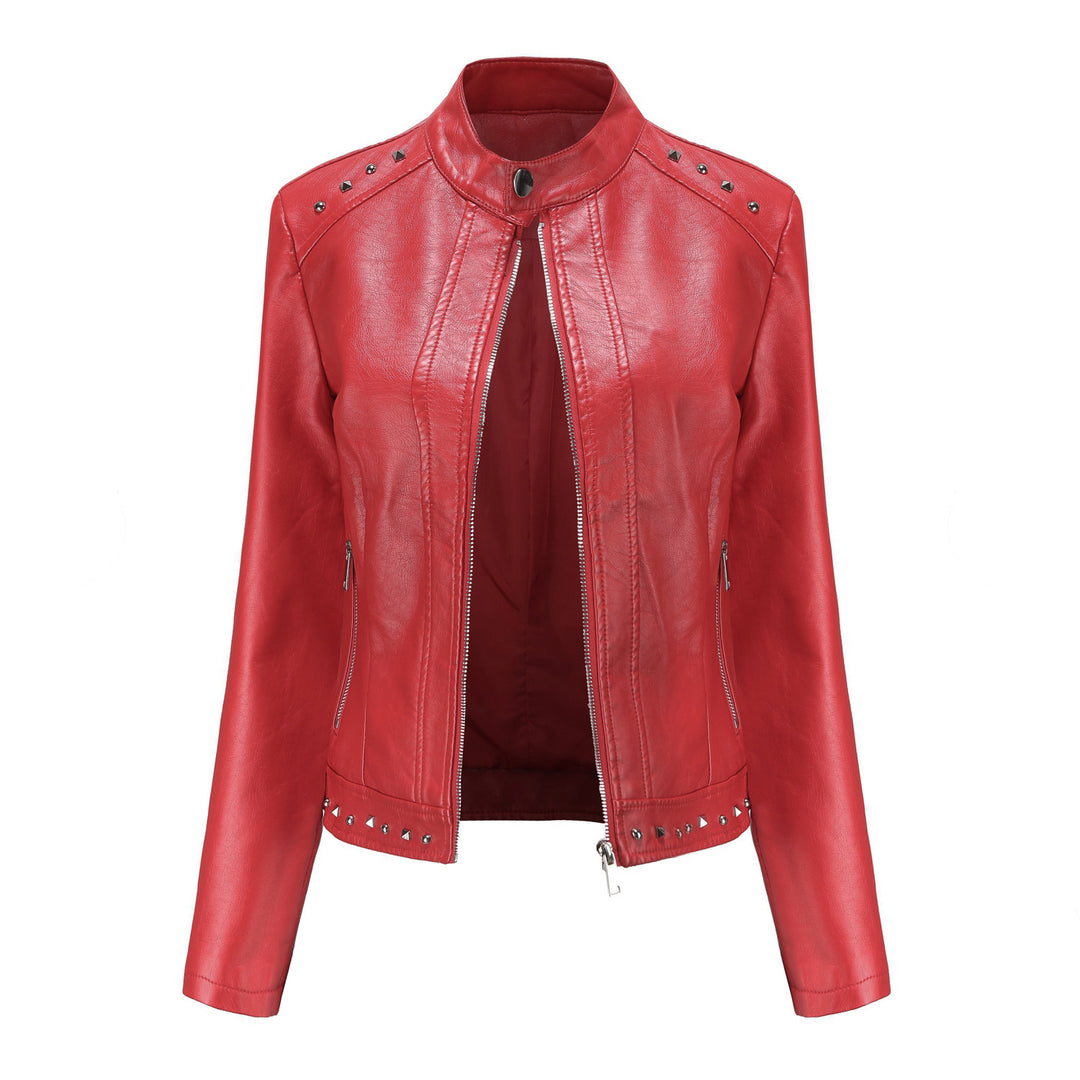 Damen nan kurze taillierte Kunstlederjacke mit Stehkragen Zwei-Wege-Reißverschluss und Ziernietensaum EB