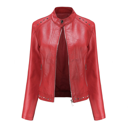 Damen nan kurze taillierte Kunstlederjacke mit Stehkragen Zwei-Wege-Reißverschluss und Ziernietensaum EB