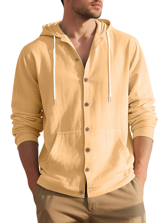 Herren nan leichtes Kapuzen-Übershirt im Crinkle-Look mit Holzknopfleiste und Kängurutasche EB