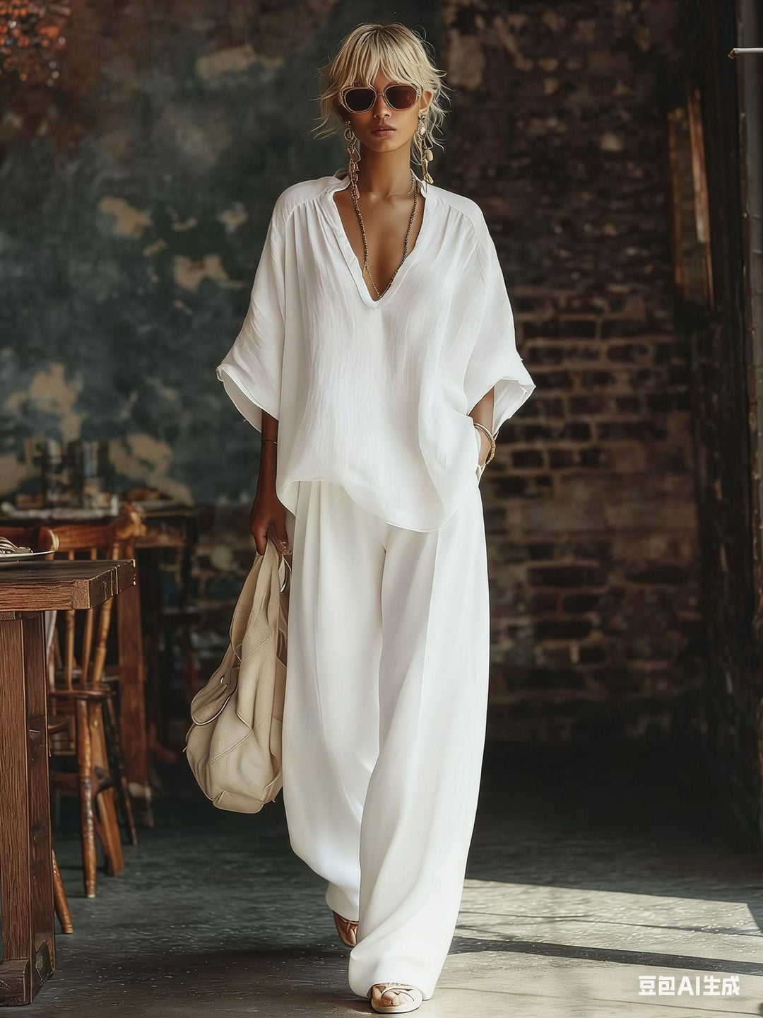 Damen nan lässiges zweiteiliges Leinenoptik-Set mit tiefem V-Ausschnitt, Oversize-Bluse und weitem Palazzo-Hosen EB