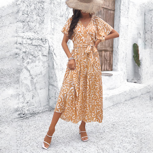 Damen Wickelmaxikleid mit luftigen Ärmeln und floralem Muster EB