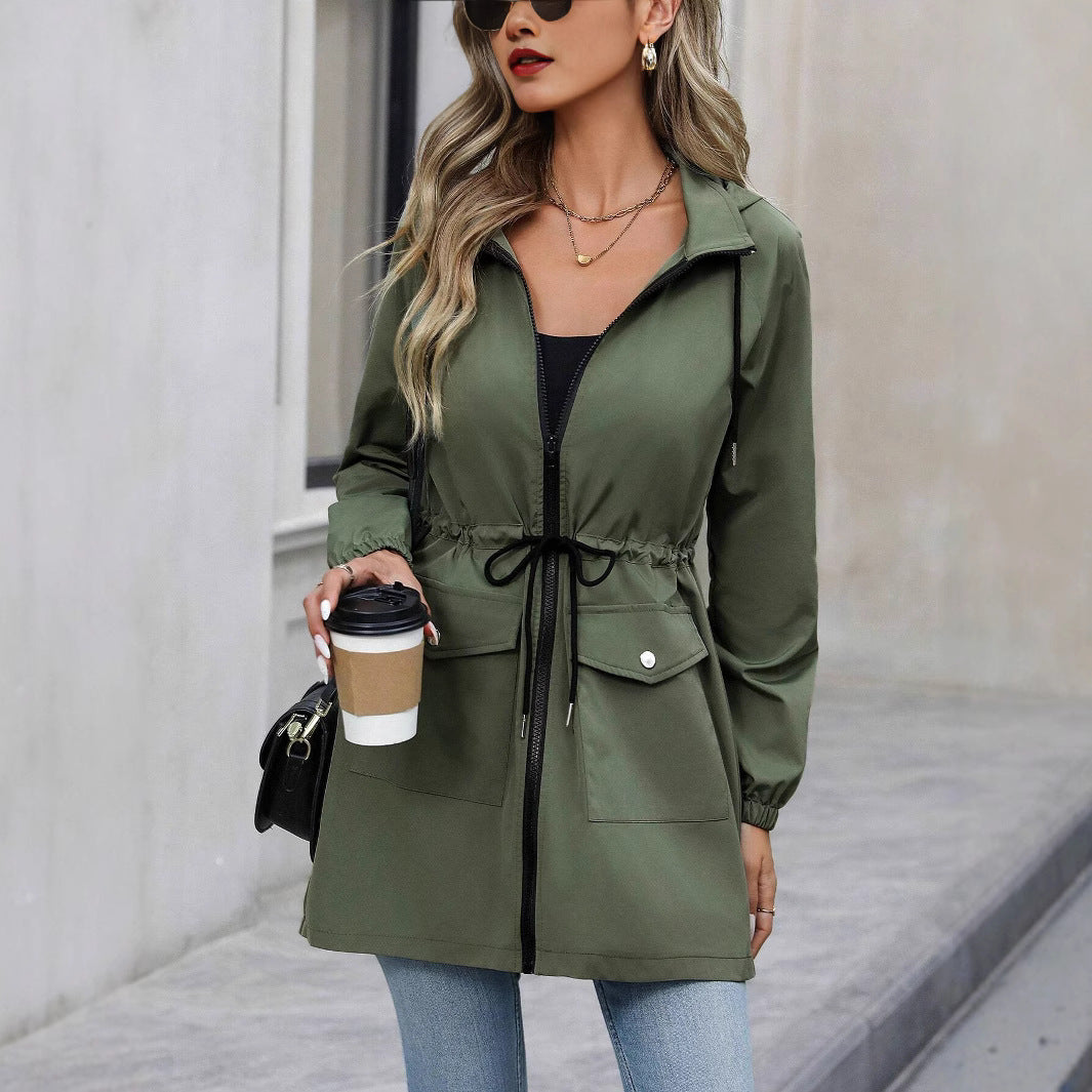 Damen praktische Kapuzenjacke mit verstellbarem Bund und Taschen EB