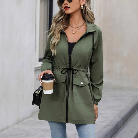 Damen praktische Kapuzenjacke mit verstellbarem Bund und Taschen EB