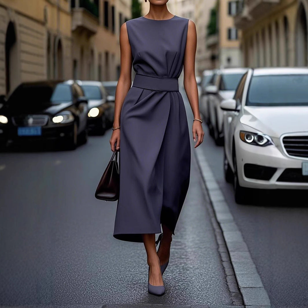 Damen gehobenes Maxi-Kleid mit elegantem Taillengürtel und fließendem Schnitt EB