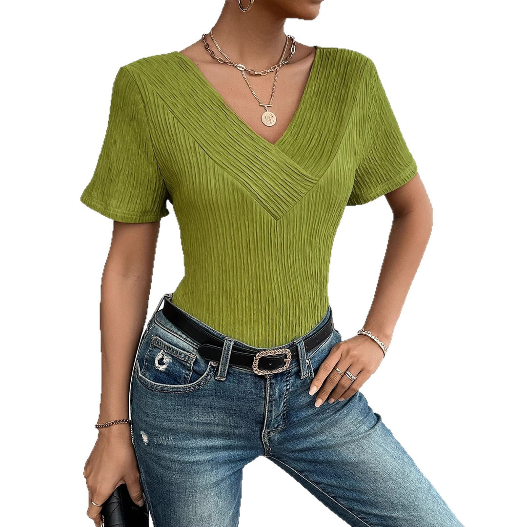 Damen lässiges V-Ausschnitt Shirt mit fließendem Design und kurzen Ärmeln EB