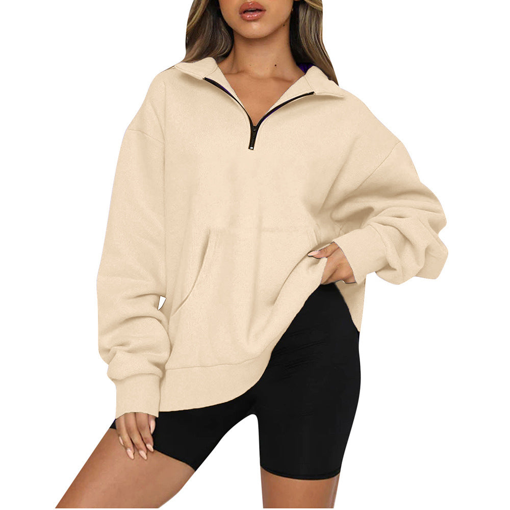Damen nan Oversize-Halbzip-Kapuzenpullover mit Kängurutasche und verlängertem Saum EB
