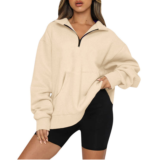 Damen nan Oversize-Halbzip-Kapuzenpullover mit Kängurutasche und verlängertem Saum EB