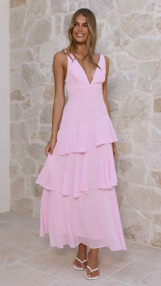 Damen Maxikleid mit verführerischen Rüschenschichten und tiefem V-Ausschnitt EB