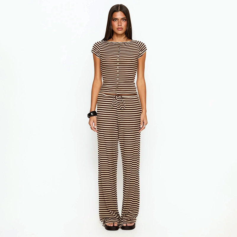 Damen Kurzarm Oberteil im Streifenlook mit Knopfdetails EB