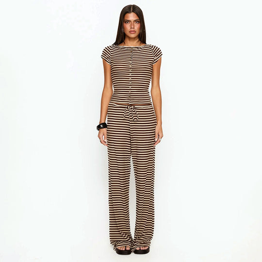 Damen Kurzarm Oberteil im Streifenlook mit Knopfdetails EB