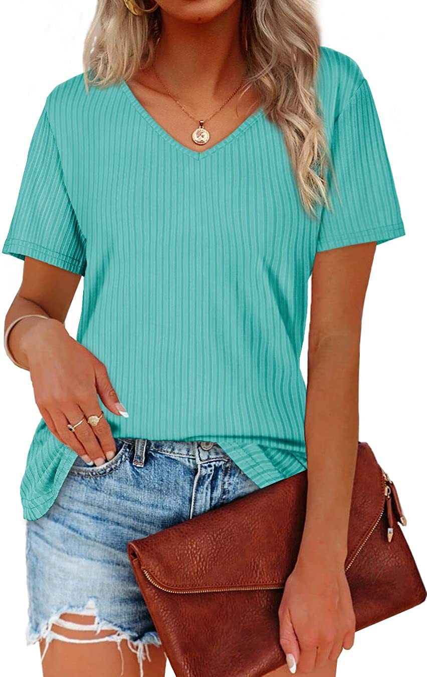Damen Viskose T-Shirt mit feinem Rippstrickmuster und lässigem V-Ausschnitt EB