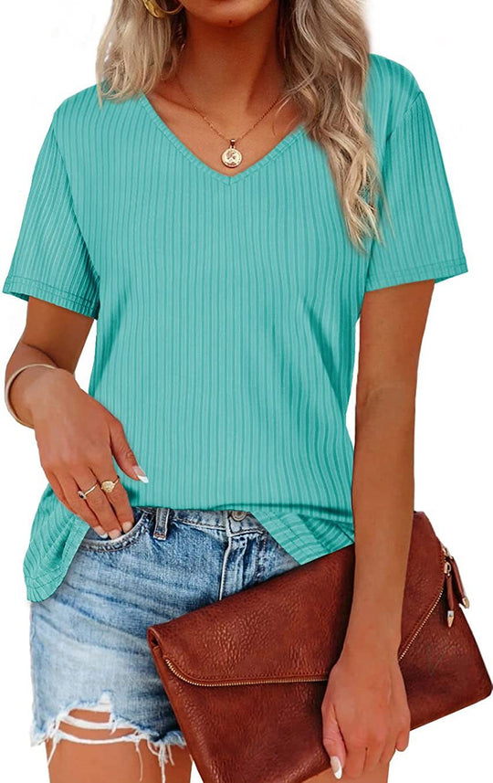 Damen Viskose T-Shirt mit feinem Rippstrickmuster und lässigem V-Ausschnitt EB
