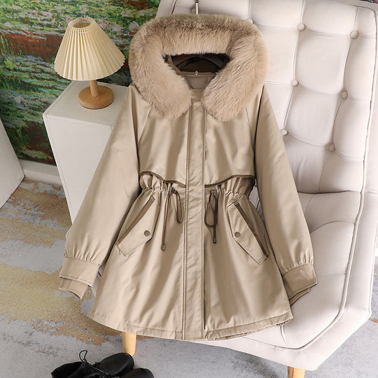 Damen modische Übergangsjacke mit abnehmbarem Kunstfellkragen und Taillenzug EB