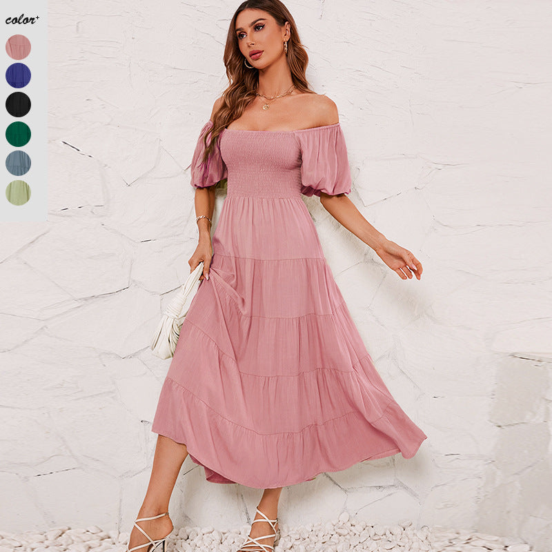 Damen Maxikleid mit Puffärmeln und elastischem Oberteil EB