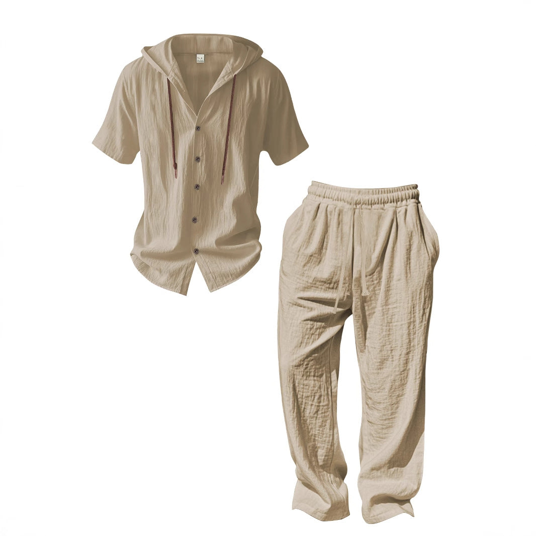 Herren nan luftiges Leinen-Lounge-Set mit kurzärmeligem Kapuzenhemd und gerader Relaxhose EB
