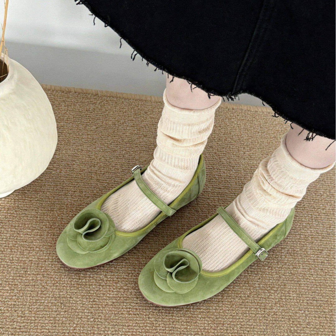Damen Ballerina-Schlüpfschuhe mit floralem Design und verstellbarem Riemchen EB