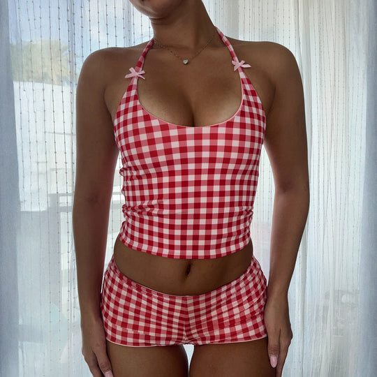 Damen Gingham Muster Badeanzug mit verstellbarem Halter EB