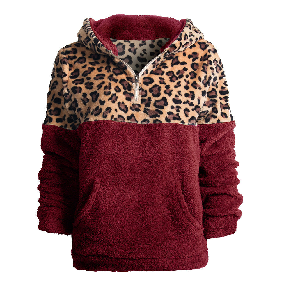 Damen kuscheliger Kapuzenpullover mit aufregendem Leopardenmuster und Kängurutasche EB