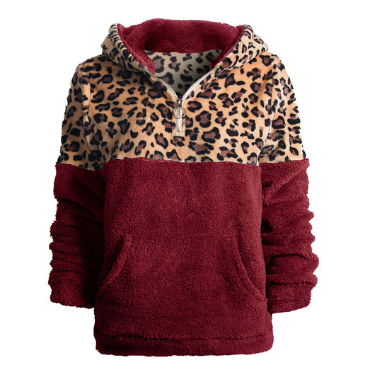 Damen kuscheliger Kapuzenpullover mit aufregendem Leopardenmuster und Kängurutasche EB