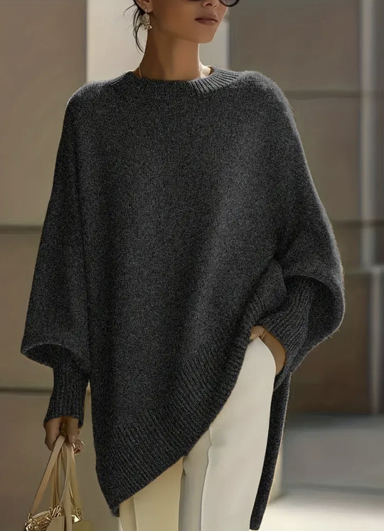 Damen nan Oversize Strickponcho mit asymmetrischem Saum und gerippten Ärmeln EB