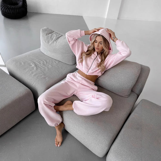Damen Zweiteiliges Cropped-Zip-Hoodie Set mit taillenhoher Relax-Jogginghose und elastischem Bund EB