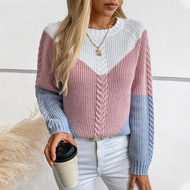 Damen modischer Strickpullover mit geometrischem Muster und Zopfrippen EB
