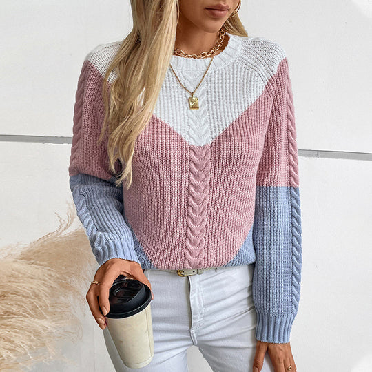 Damen modischer Strickpullover mit geometrischem Muster und Zopfrippen EB