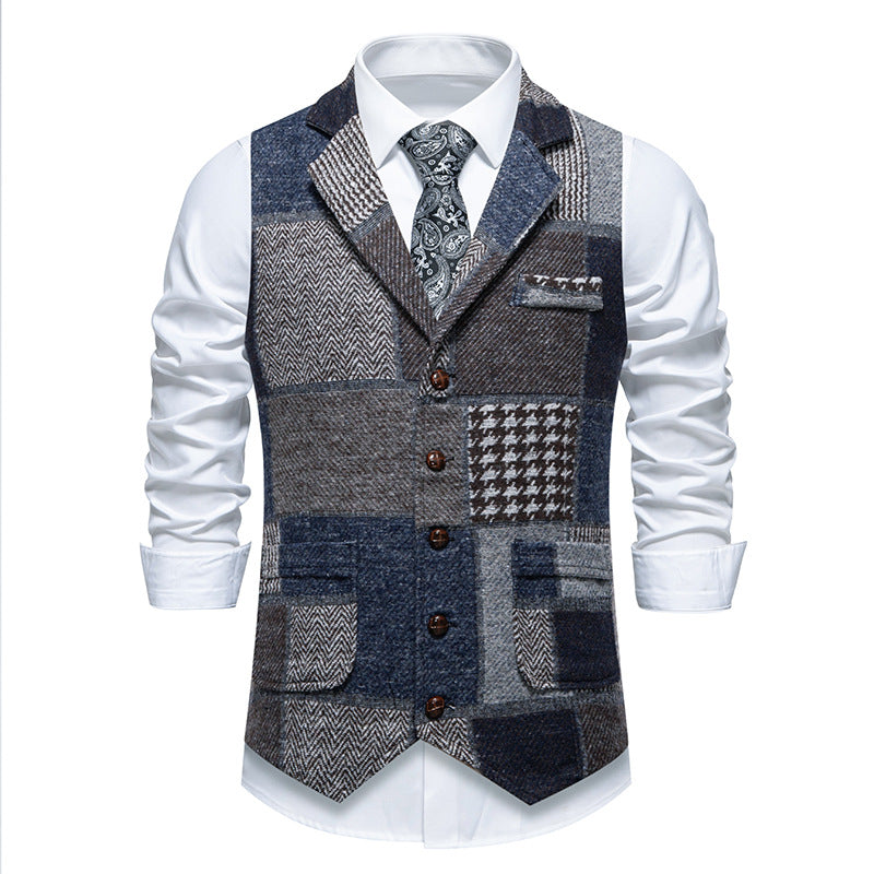 Herren nan Patchwork Weste mit Reverskragen Knopfleiste und aufgesetzten Taschen EB