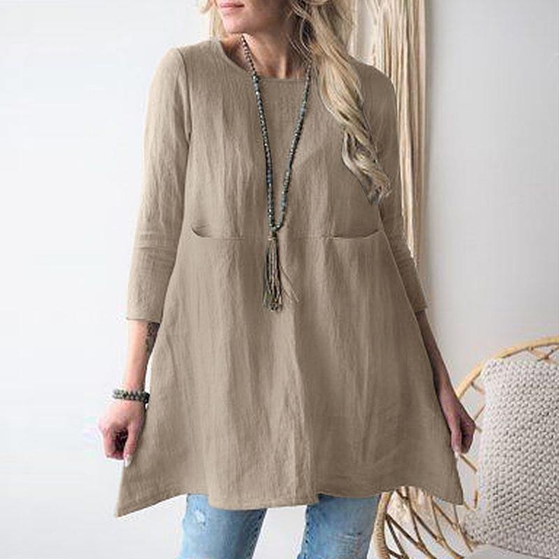 Damen lässiges Tunika-Kleid mit praktischen Taschen und 3/4-Ärmeln EB