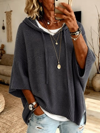 Damen nan Oversize Strickponcho mit Kapuze und kurzen Ärmeln EB