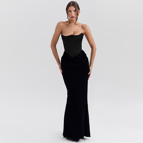 Damen elegantes A-Linien-Maxikleid mit gerafftem Oberteil und trägerlosem Design EB