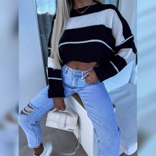 Damen cropped Strickpullover mit modischen Blockstreifen EB