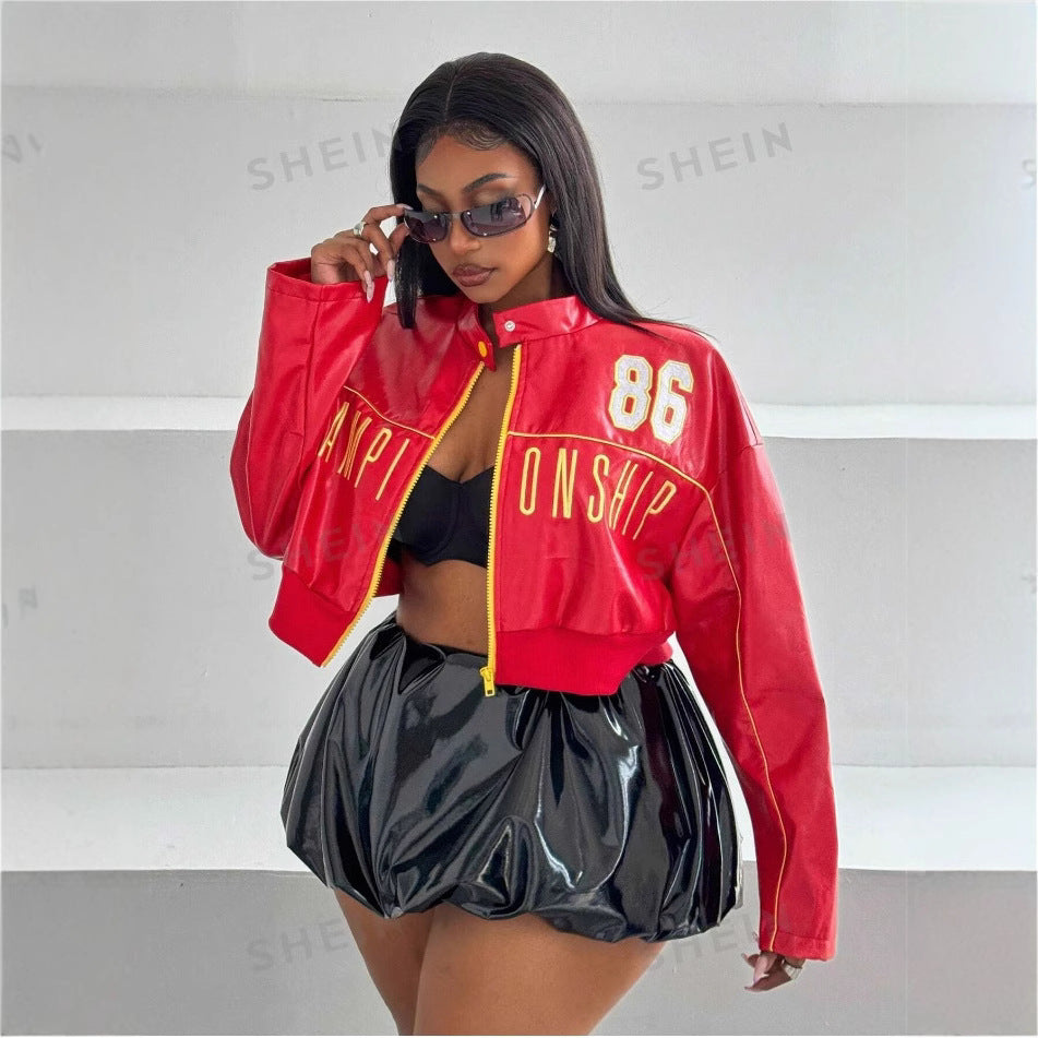 Damen cropped Kunstlederjacke mit sportiven Details EB