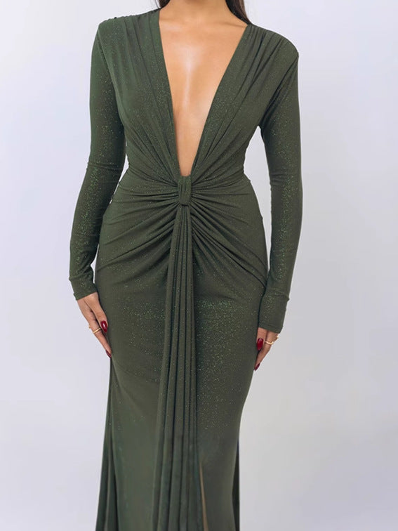 Damen Elegantes Wickelkleid mit tiefem V-Ausschnitt und figurbetontem Design EB