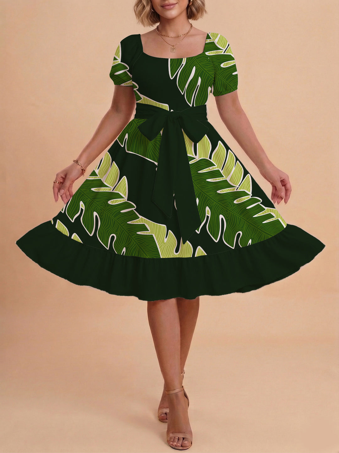 Damen A-Linien-Kleid mit floralen Motiven und taillierbarem Gürtel EB