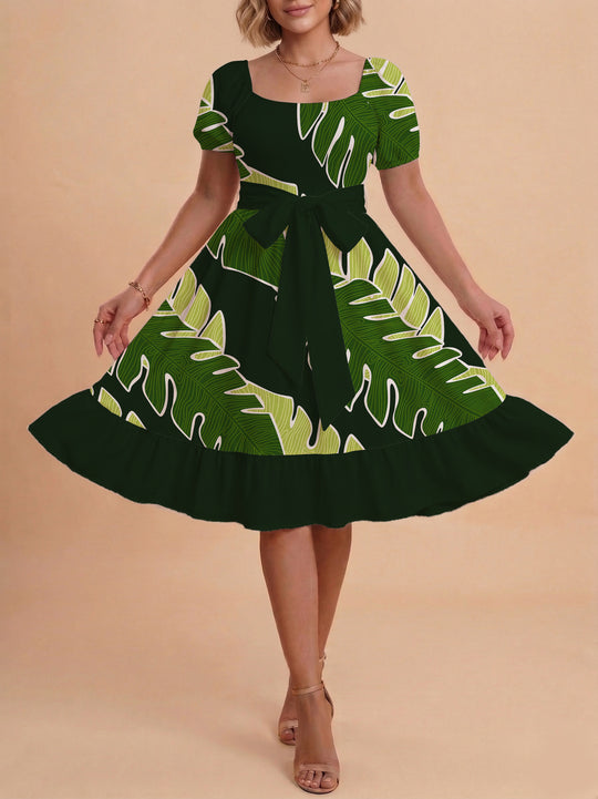 Damen A-Linien-Kleid mit floralen Motiven und taillierbarem Gürtel EB