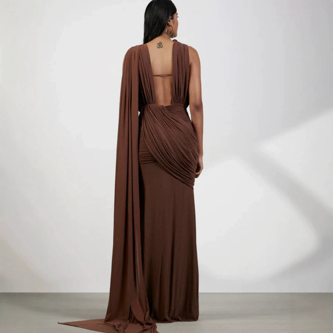 Damen bodenlanges Wickelkleid mit raffinierten Drapierungsdetails und elegantem V-Ausschnitt EB