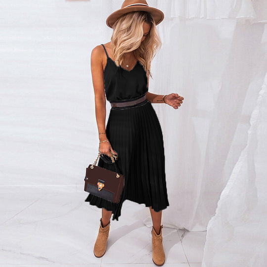 Damen Plissee Midi-Kleid mit Spaghettiträgern und schmeichelnder Silhouette EB