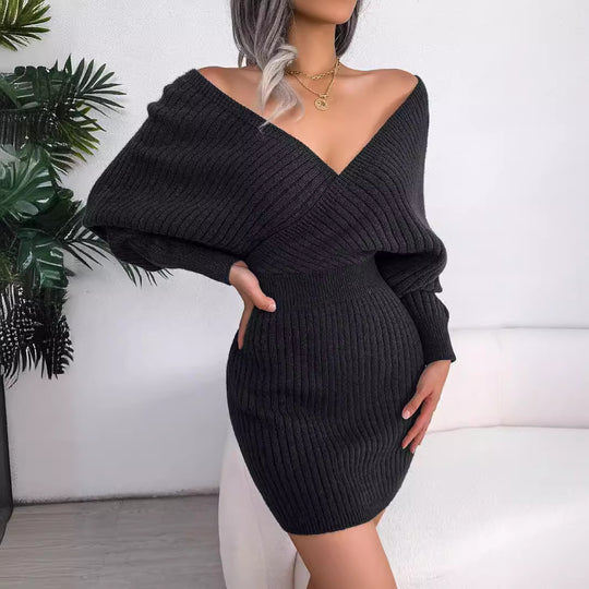 Damen gestricktes Minikleid mit V-Ausschnitt EB
