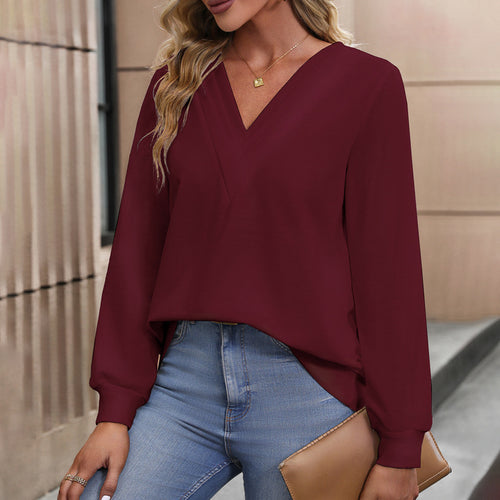 Damen Langarmbluse mit V-Ausschnitt und eleganter Struktur EB