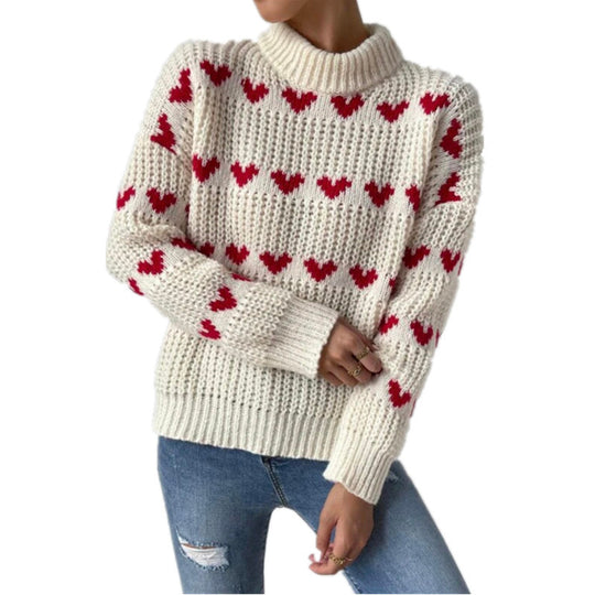 Damen Grobstrickpullover mit Herzmuster und Rollkragen EB