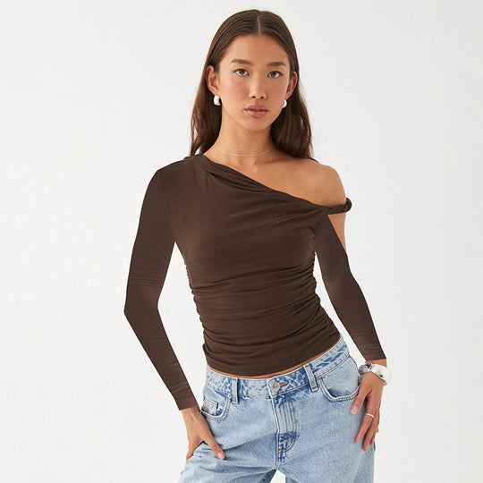 Damen Elegante asymmetrische Bluse mit langen Ärmeln und Raffung EB