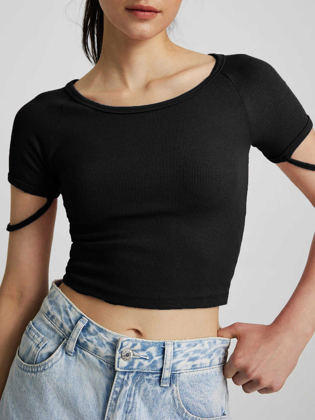 Damen kurzärmliges enganliegendes Crop-Top mit Rundhalsausschnitt EB
