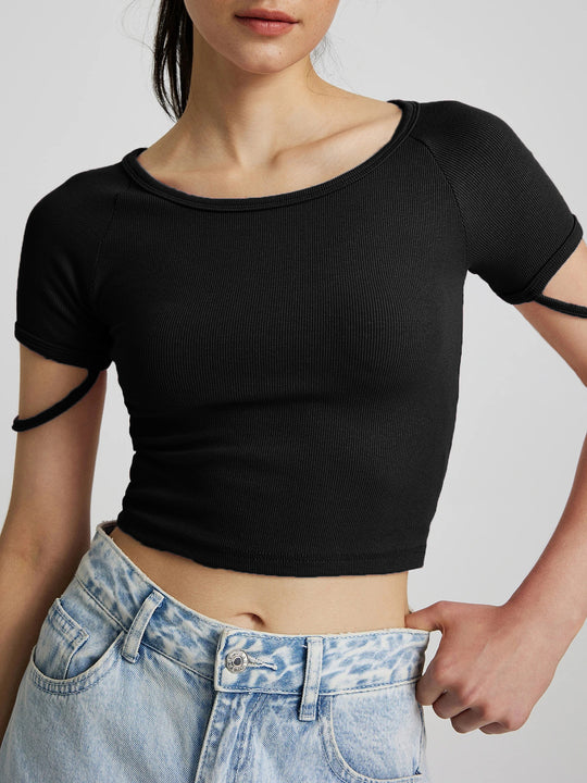 Damen kurzärmliges enganliegendes Crop-Top mit Rundhalsausschnitt EB