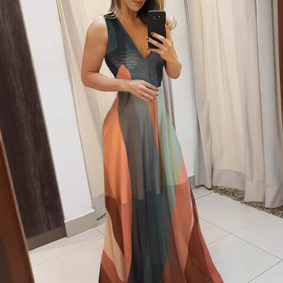 Damen Langes Maxikleid mit tiefem V-Ausschnitt und fließendem Schnitt EB