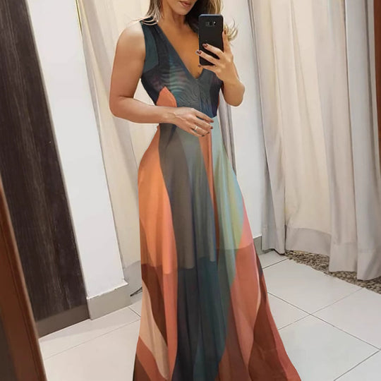 Damen Langes Maxikleid mit tiefem V-Ausschnitt und fließendem Schnitt EB