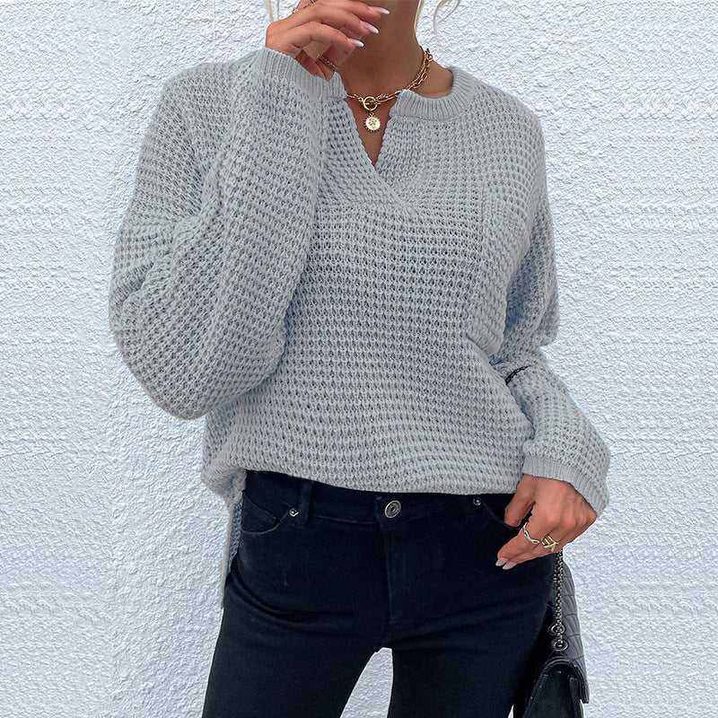 Damen lässiger Strickpullover mit V-Ausschnitt und strukturierter Oberfläche EB