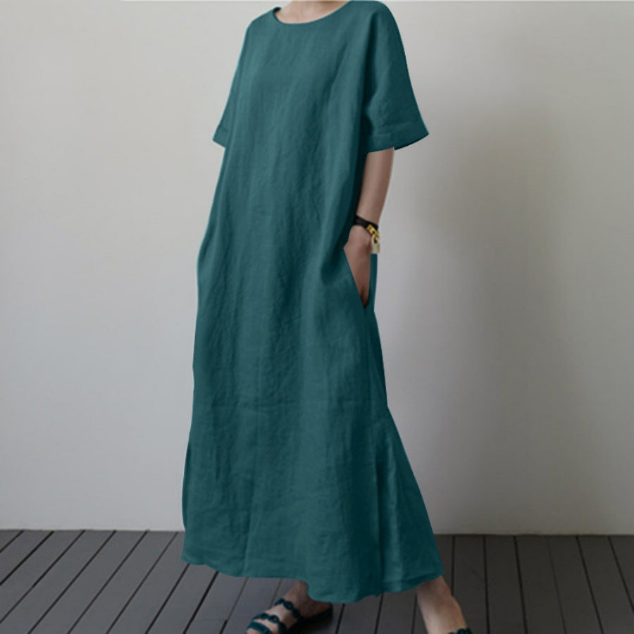 Damen Leinenmaxikleid mit weit geschnittenen Ärmeln und Taillengürtel EB